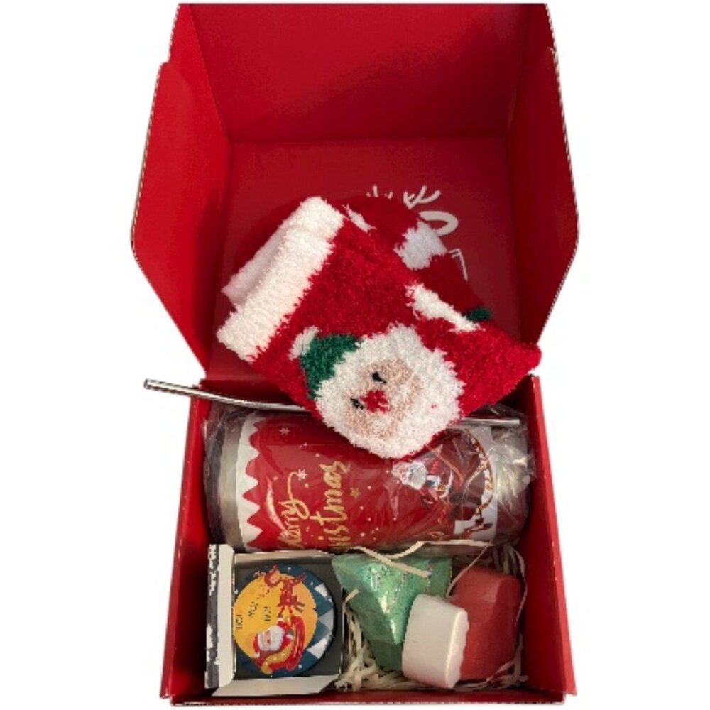 Merry Christmas Gift Set Box Tumbler Straw Fuzzy Socks Mini Candle Bath Bombs